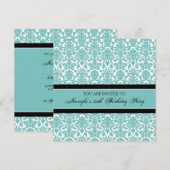 Blauwgroen Damask 35th Birthday Party-uitnodiginge Kaart (Voorkant / Achterkant)