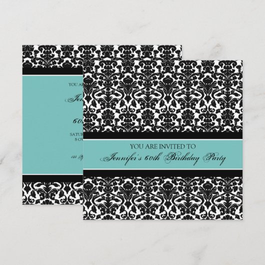 Blauwgroen Damask 60e Birthday Party-uitnodigingen Kaart (Voorkant / Achterkant)