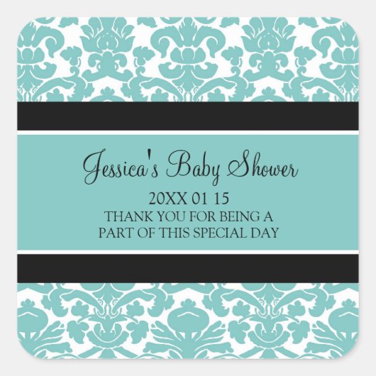 Blauwgroen Damask Baby shower Favor Stickers (Voorkant)