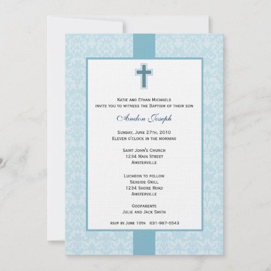 Blauwgroen Damask Baptismal Invitation. Kaart (Voorkant)