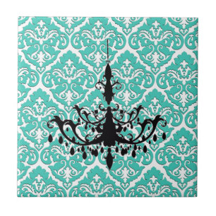 Blauwgroen Damask Black Chandelier Tegeltje