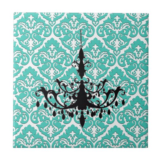 Blauwgroen Damask Black Chandelier Tegeltje (Voorkant)