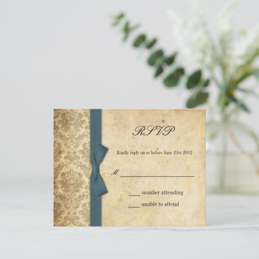 Blauwgroen Damask Bow Wedding RSVP (Staand voorkant)