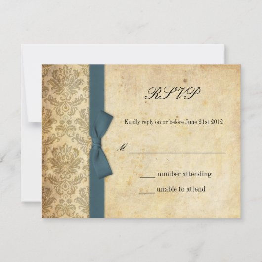 Blauwgroen Damask Bow Wedding RSVP Kaartje (Voorkant)