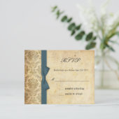 Blauwgroen Damask Bow Wedding RSVP Kaartje (Staand voorkant)