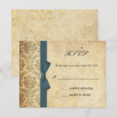 Blauwgroen Damask Bow Wedding RSVP Kaartje (Voorkant / Achterkant)