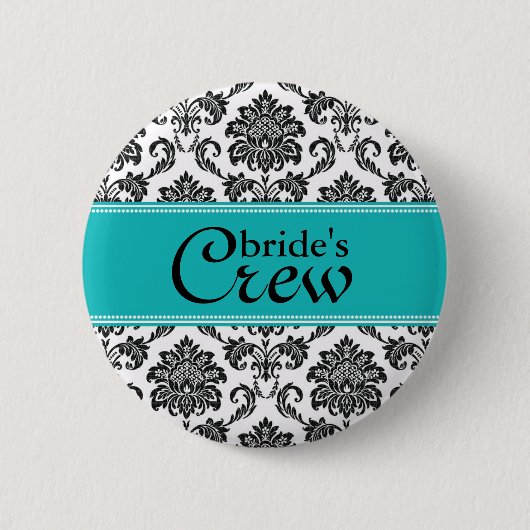 Blauwgroen Damask Bride's Crew Button (Voorkant)