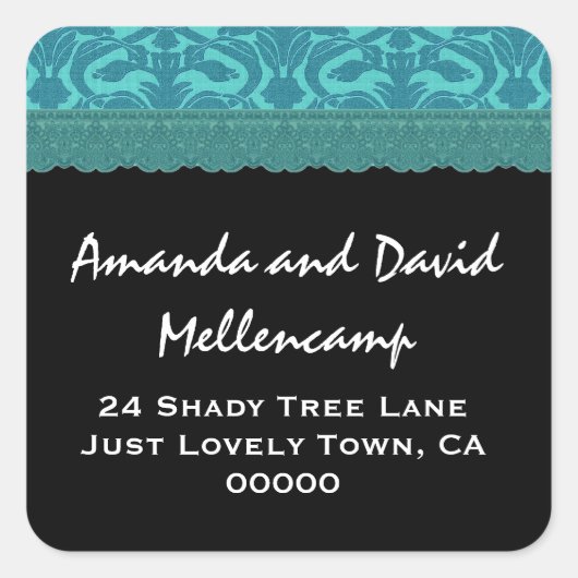 Blauwgroen Damask Bruiloft retour adreslabels Vierkante Sticker (Voorkant)