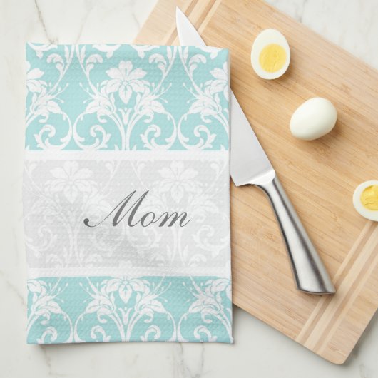 Blauwgroen Damask Custom Tea Towel Kitchen Theedoek (Quarter Fold)