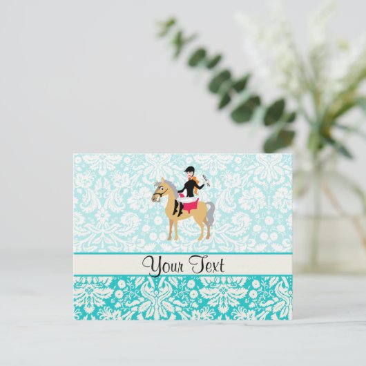 Blauwgroen Damask Equestrian Briefkaart (Staand voorkant)