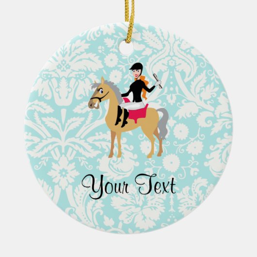 Blauwgroen Damask Equestrian Keramisch Ornament (Voorkant)