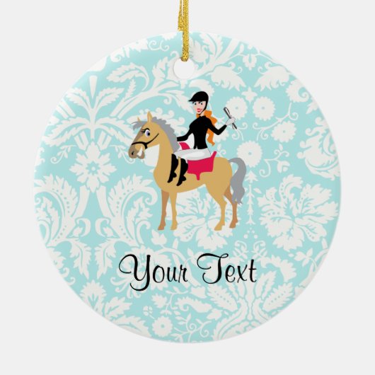 Blauwgroen Damask Equestrian Keramisch Ornament (Achterkant)