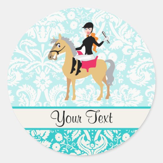 Blauwgroen Damask Equestrian Ronde Sticker (Voorkant)