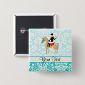 Blauwgroen Damask Equestrian Vierkante Button 5,1 Cm (Voorkant /achterkant)