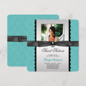 Blauwgroen Damask Foto Sweet 16 Party Kaart (Voorkant / Achterkant)