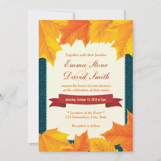 Blauwgroen Damask Golden Leaves Fall Wedding Invit Kaart (Voorkant)