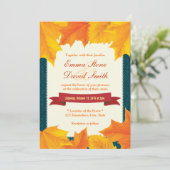 Blauwgroen Damask Golden Leaves Fall Wedding Invit Kaart (Staand voorkant)