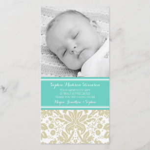 Blauwgroen Damask Hartelijk dank Baby shower fotok Bedankkaart