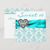 Blauwgroen Damask Heart Blauwgroen Blue Sweet 16 P Kaart (Voorkant / Achterkant)