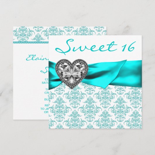 Blauwgroen Damask Heart Blauwgroen Blue Sweet 16 P Kaart (Voorkant / Achterkant)
