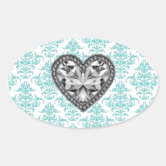 Blauwgroen Damask Heart Envelope Seal Party Favor  Ovale Sticker (Voorkant)