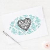 Blauwgroen Damask Heart Envelope Seal Party Favor  Ovale Sticker (Envelop)