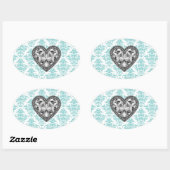 Blauwgroen Damask Heart Envelope Seal Party Favor  Ovale Sticker (Vel)