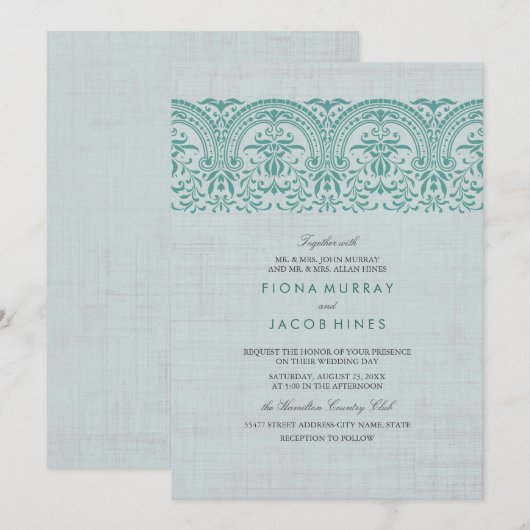Blauwgroen Damask huwelijksuitnodiging Kaart (Voorkant / Achterkant)