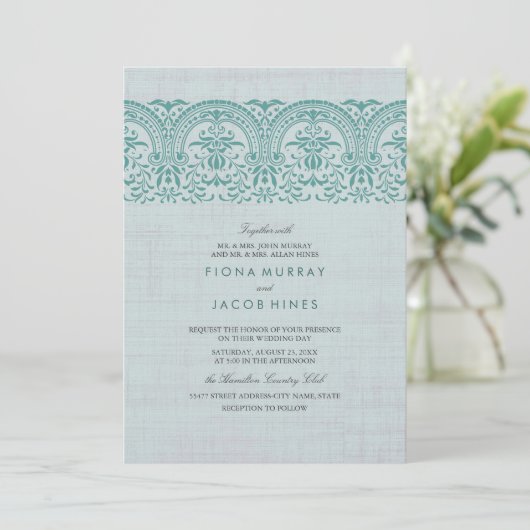 Blauwgroen  Damask huwelijksuitnodiging Kaart (Staand voorkant)