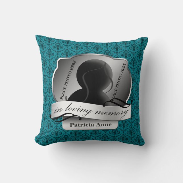 Blauwgroen Damask "In Loving Memory" in Memoriam Kussen (Voorkant)