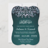 Blauwgroen Damask Islamitische Moslim Huwelijksuit Kaart (Voorkant)