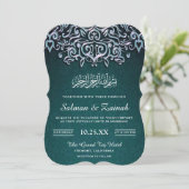 Blauwgroen Damask Islamitische Moslim Huwelijksuit Kaart (Staand voorkant)