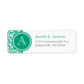 Blauwgroen Damask Monogram adres Retourlabels Etiket (Voorkant)