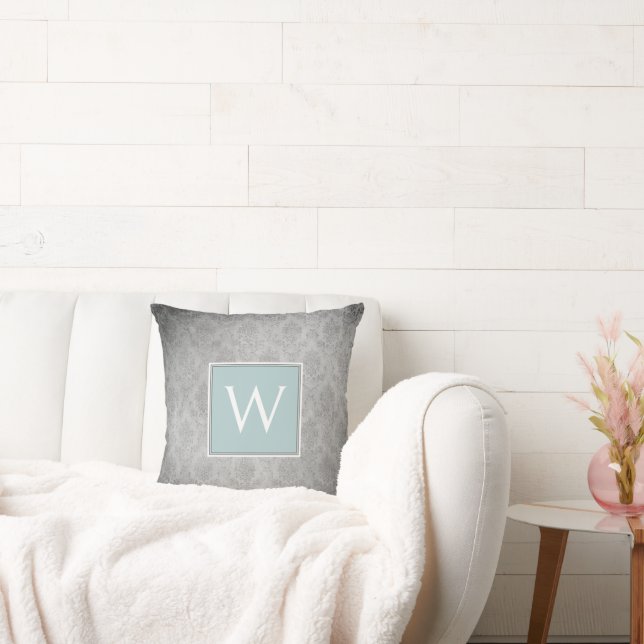 Blauwgroen  Damask Monogram Sierkussen (Bank)