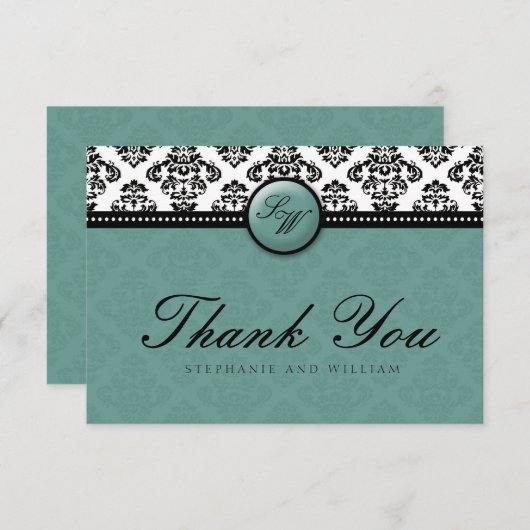 Blauwgroen Damask Monogram Weddenschap Bedankt (Voorkant / Achterkant)
