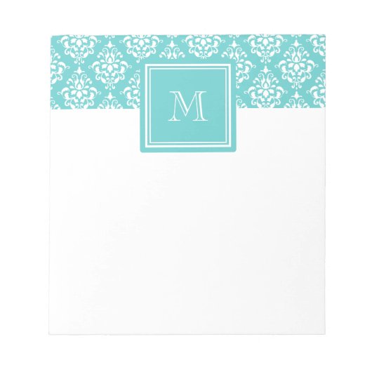 Blauwgroen Damask Patroon 1 met Monogram Notitieblok (Voorkant)