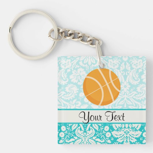 Blauwgroen Damask Patten Basketball Sleutelhanger (Voorkant)