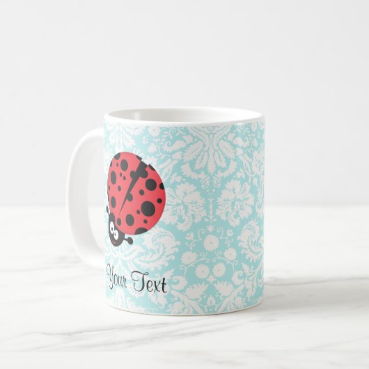 Blauwgroen Damask Pattern Ladybug Koffiemok (Voorkant links)