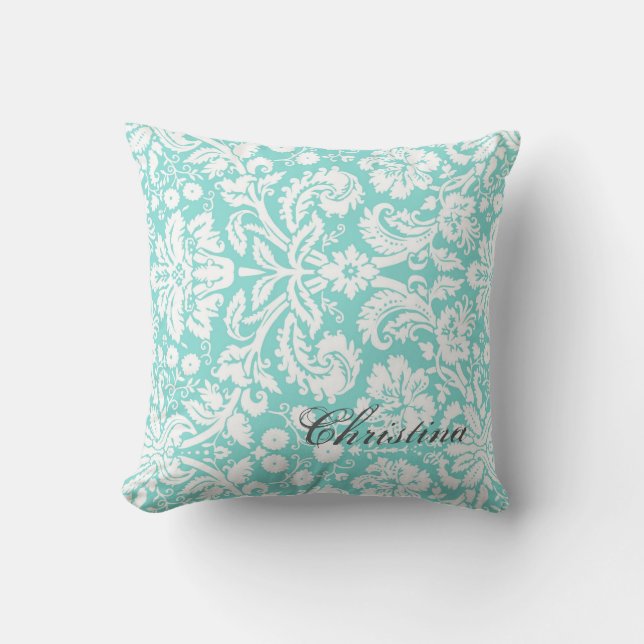 Blauwgroen Damask Pattern Monogram Pillow Kussen (Voorkant)