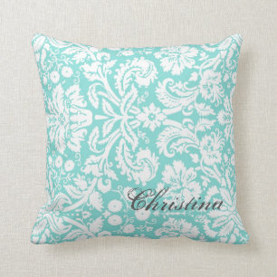 Blauwgroen Damask Pattern Monogram Pillow Kussen