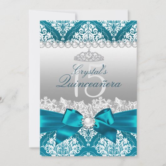 Blauwgroen Damask Pearl Bow Quinceanera Invite Kaart (Voorkant)