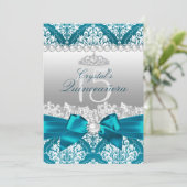 Blauwgroen Damask Pearl Bow Quinceanera Invite Kaart (Staand voorkant)