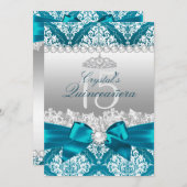 Blauwgroen Damask Pearl Bow Quinceanera Invite Kaart (Voorkant / Achterkant)