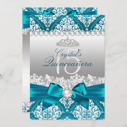 Blauwgroen Damask Pearl Bow Quinceanera Invite Kaart (Voorkant / Achterkant)