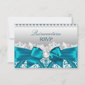 Blauwgroen Damask Pearl Bow Quinceanera RSVP (Voorkant)