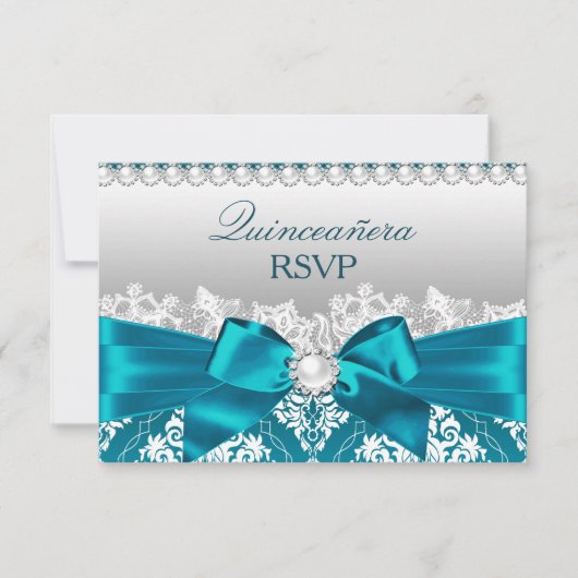 Blauwgroen Damask Pearl Bow Quinceanera RSVP (Voorkant)