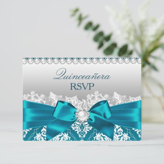 Blauwgroen Damask Pearl Bow Quinceanera RSVP (Staand voorkant)