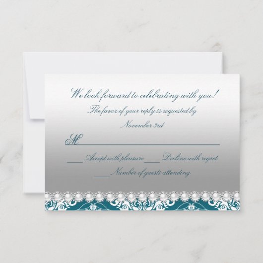 Blauwgroen Damask Pearl Bow Quinceanera RSVP (Achterkant)