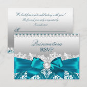Blauwgroen Damask Pearl Bow Quinceanera RSVP (Voorkant / Achterkant)
