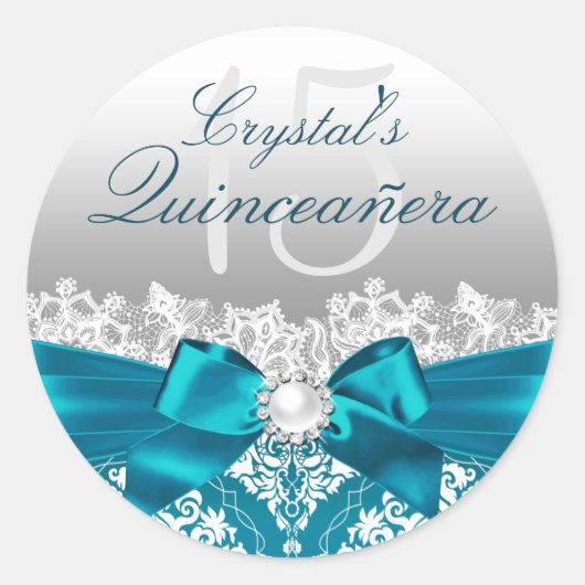 Blauwgroen Damask & Pearl Bow Quinceanera Sticker (Voorkant)